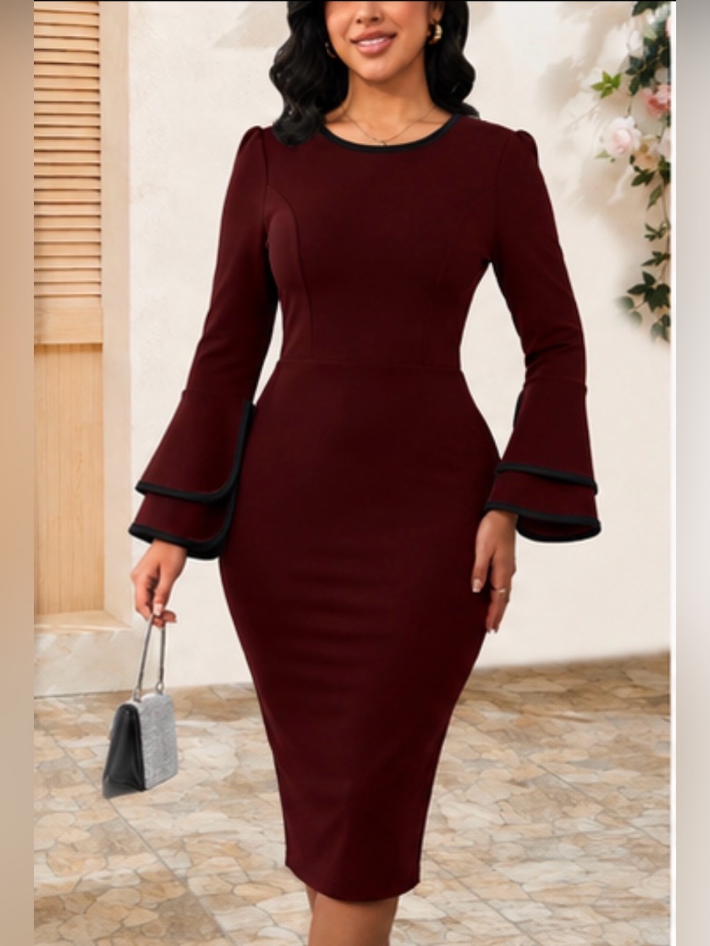 Burgundy Wine Sheath Dress Black Trim Bell Sleeves Size M